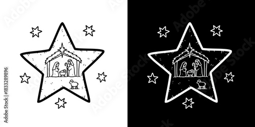 Christmas star with nativity scene and surrounding stars design, isolated vector image, two versions on transparent and black backgrounds, pencil drawing, chalk drawing
  