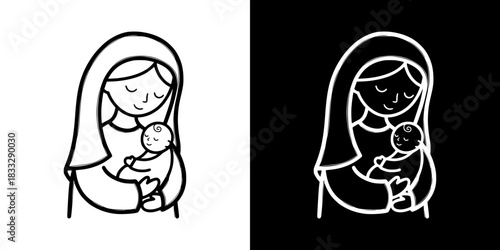 Mother holding baby Jesus in line art style, isolated vector image, two versions on transparent and black backgrounds, pencil drawing, chalk drawing
