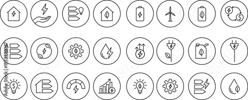 Energy saving eco power icon set collection in black line style, sustainability electricity efficiency symbols pack with renewable green energy illustrations, environmental resource graphic elements