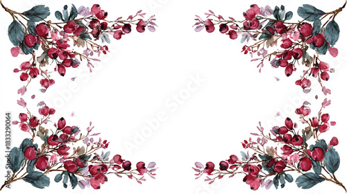 Watercolor floral frame with red berries and green leaves design template