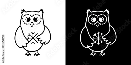 Cartoon owl holding snowflake, isolated vector image, two versions on transparent and black backgrounds, pencil drawing, chalk drawing
