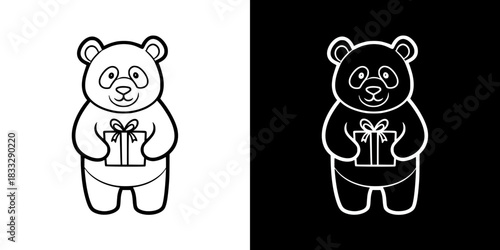 Panda holding a gift, isolated vector image, two versions on transparent and black backgrounds, pencil drawing, chalk drawing
