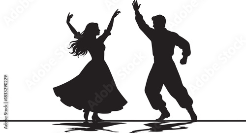 Silhouette of a happy dancing couple in traditional folk costumes with flowing skirt and raised arms on a white background, celebration, freedom, rhythm, love, romance.