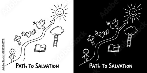 Path to salvation illustrated with symbols of faith and hope, isolated vector image, two versions on transparent and black backgrounds, pencil drawing, chalk drawing
  