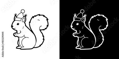 Cartoon squirrel wearing a festive hat, isolated vector image, two versions on transparent and black backgrounds, pencil drawing, chalk drawing
