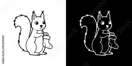 Squirrel holding a Christmas stocking, isolated vector image, two versions on transparent and black backgrounds, pencil drawing, chalk drawing
