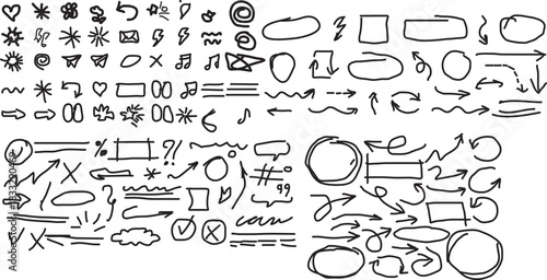 Hand drawn doodle elements collection of arrows shapes and symbols