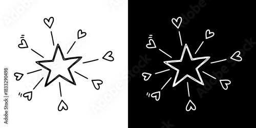 Star with radiating hearts, isolated vector image, two versions on transparent and black backgrounds, pencil drawing, chalk drawing
