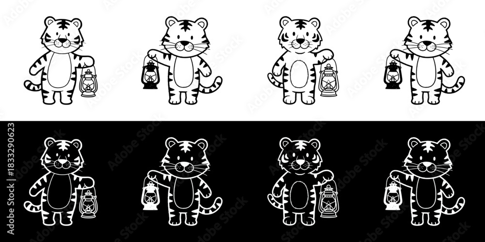 Obraz premium Cartoon tiger character holding a lantern, image set, seamless border, isolated vector image, two versions on transparent and black backgrounds, pencil drawing, chalk drawing 