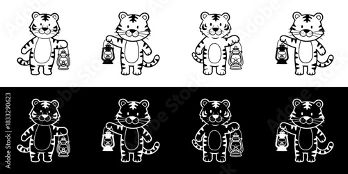 Cartoon tiger character holding a lantern, image set, seamless border, isolated vector image, two versions on transparent and black backgrounds, pencil drawing, chalk drawing

