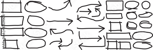 Hand drawn flowchart shapes and arrows on white background