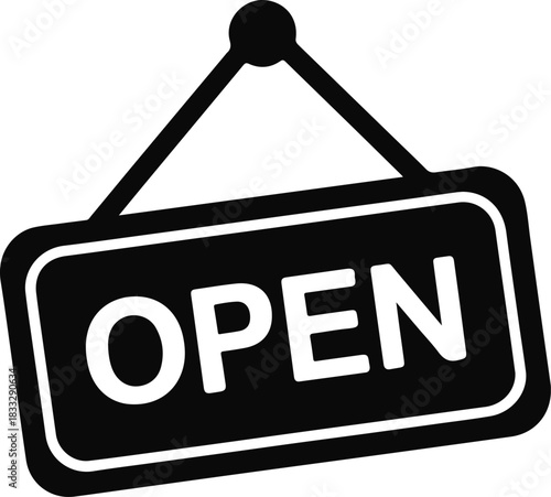 Black open sign icon with white text black and white