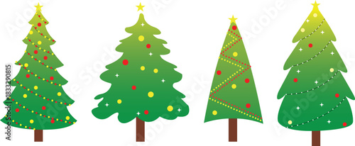 Vector New Year set with Christmas trees. Evergreen trees with balls, stars and garlands. Fir trees for Christmas.