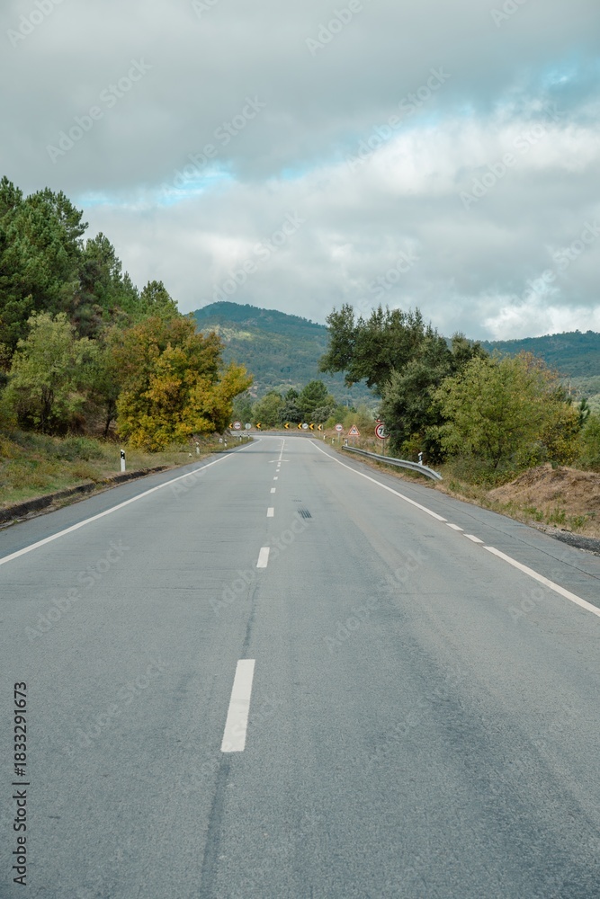 Fototapeta premium Open, empty scenic road cutting through lush autumn forest towards the horizon, Cáceres, Spain.