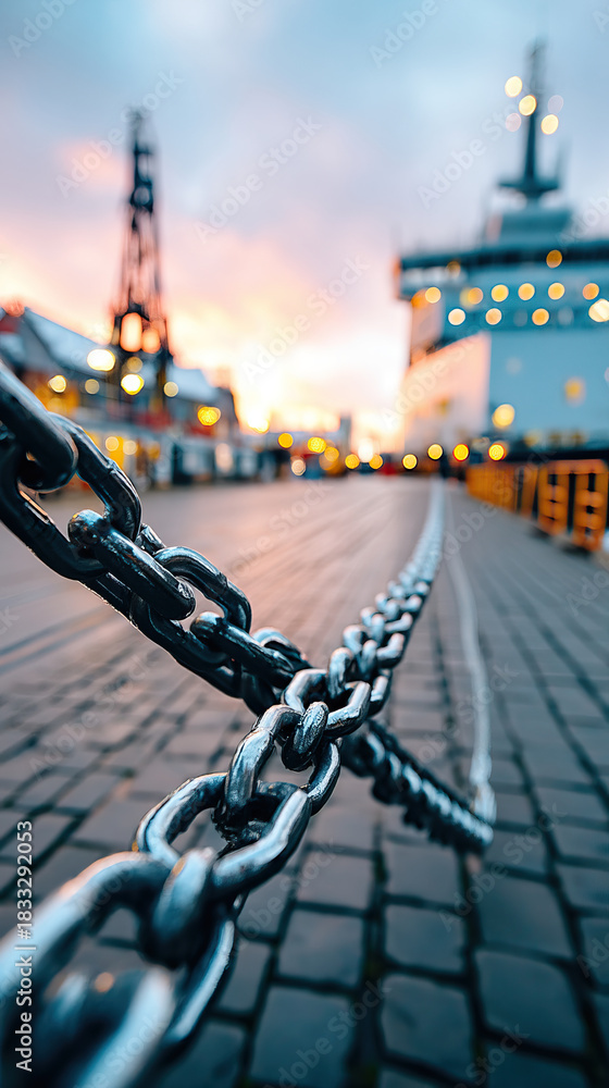 Fototapeta premium Rusted metal chain along harbor pier at sunset with blurred ship and lights