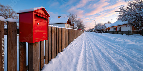 Classic red mailbox wooden fence snow covered village road at sunrise with pastel sky and warm light evoking cozy winter mood