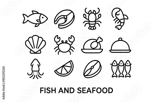 Fresh fish, crab, lobster, shrimp, squid, and prepared seafood dishes in outline style