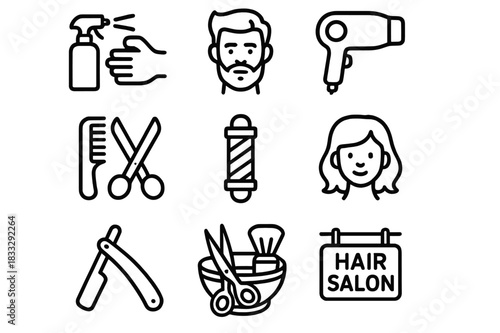 Essential grooming tools and symbols outline set for barbershops and hair salons