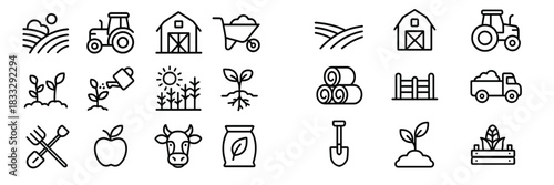 Essential symbols representing farming, agriculture, harvest, livestock, and gardening equipment
