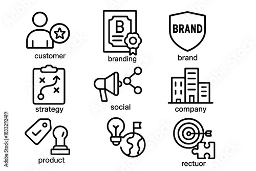 Collection of business marketing and branding strategy symbols for corporate planning