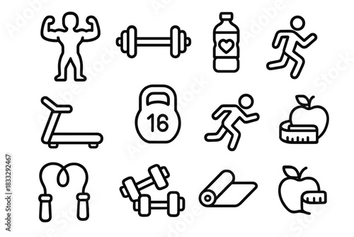 Fitness and gym symbols showing running, weights, healthy food, and exercise equipment