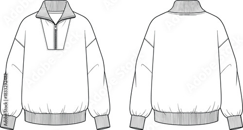Pullover fashion flat sketch, technical drawing, front and back view, ribbed collar, puff sleeve, garment design, apparel template, vector illustration