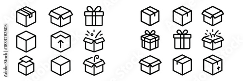 Isometric outline icons set of cardboard shipping boxes, open packages, and wrapped present containers