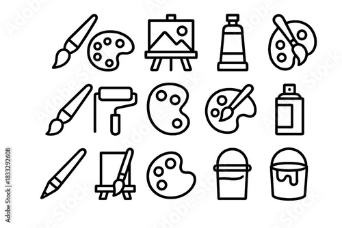 Collection of linear icons depicting essential art and painting tools and supplies