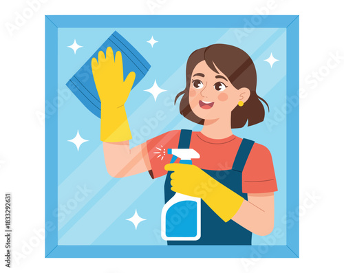 A woman wearing yellow gloves cleans a window with a spray bottle and a cloth.