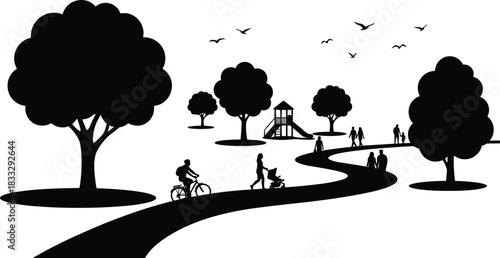 Public Park Activities Silhouette Vector, People Walking, Biking, Strolling, Playground, Trees, Nature, Urban Green Space, Black and White