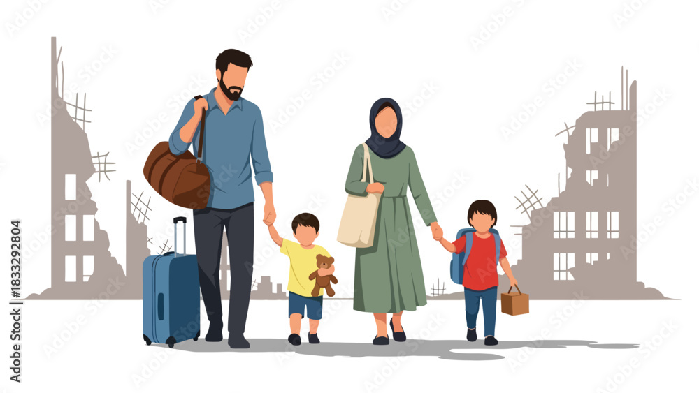 Naklejka premium Flat vector illustration of a displaced family traveling with belongings, symbolizing migration, safety, and humanitarian response needs