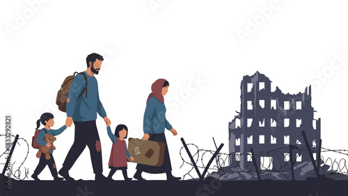 Flat vector illustration of a displaced family traveling with belongings, symbolizing migration, safety, and humanitarian response needs