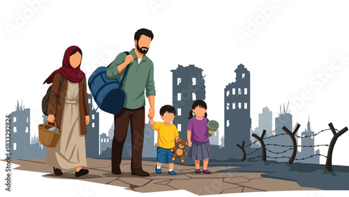 Flat vector illustration of a displaced family traveling with belongings, symbolizing migration, safety, and humanitarian response needs