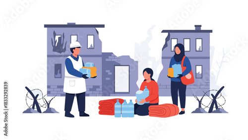 Flat vector illustration of aid workers distributing food and medical supplies to affected people, ideal for nonprofit, charity, and relief themes