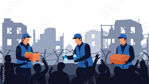 Flat vector illustration of aid workers distributing food and medical supplies to affected people, ideal for nonprofit, charity, and relief themes