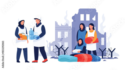 Flat vector illustration of aid workers distributing food and medical supplies to affected people, ideal for nonprofit, charity, and relief themes