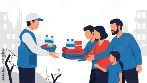 Flat vector illustration of aid workers distributing food and medical supplies to affected people, ideal for nonprofit, charity, and relief themes