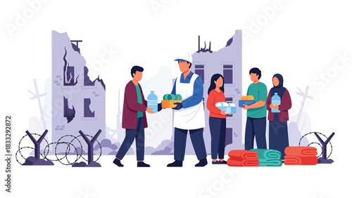 Flat vector illustration of aid workers distributing food and medical supplies to affected people, ideal for nonprofit, charity, and relief themes