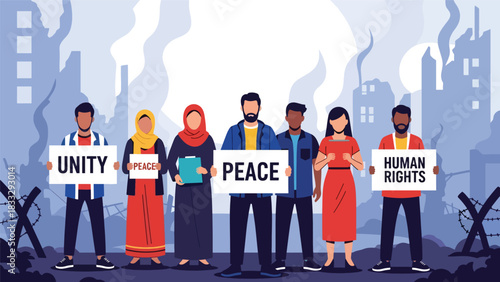 Flat vector illustration of diverse people holding peace and unity signs during a calm demonstration, ideal for activism, rights, and social change themes