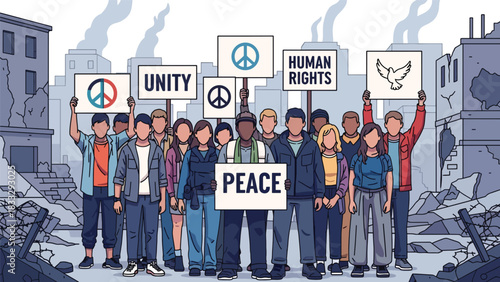 Flat vector illustration of diverse people holding peace and unity signs during a calm demonstration, ideal for activism, rights, and social change themes
