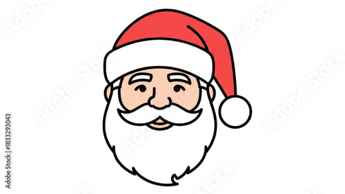 Colorful black outline minimalist Santa face with simple beard lines and soft gentle Christmas expression