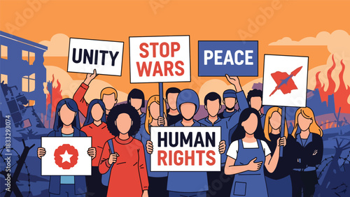 Flat vector illustration of diverse people holding peace and unity signs during a calm demonstration, ideal for activism, rights, and social change themes