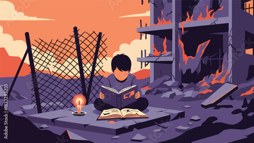 Modern flat illustration showing a child trying to learn in an unstable environment symbolizing disruption due to global tensions