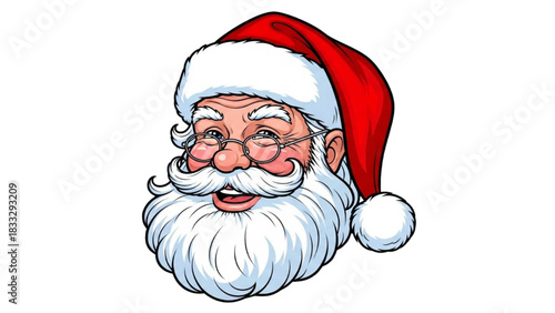 Colorful black outline art of classic Santa Claus face with full beard, round glasses, and joyful Christmas smile
