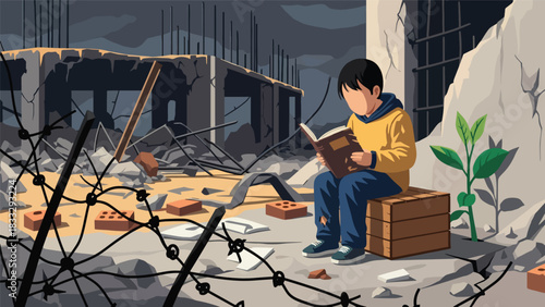 Modern flat illustration showing a child trying to learn in an unstable environment symbolizing disruption due to global tensions