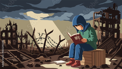 Modern flat illustration showing a child trying to learn in an unstable environment symbolizing disruption due to global tensions