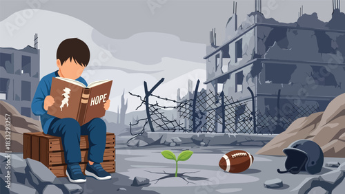Modern flat illustration showing a child trying to learn in an unstable environment symbolizing disruption due to global tensions