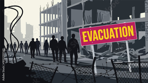 Flat vector illustration of civilians following emergency evacuation signs and guidance, ideal for awareness material and safety education