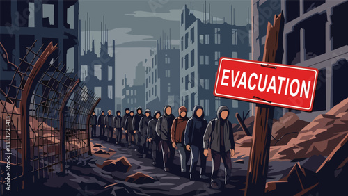 Flat vector illustration of civilians following emergency evacuation signs and guidance, ideal for awareness material and safety education