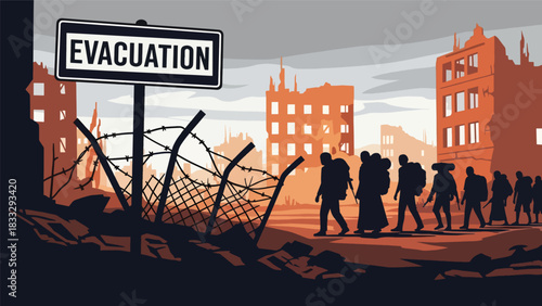 Flat vector illustration of civilians following emergency evacuation signs and guidance, ideal for awareness material and safety education